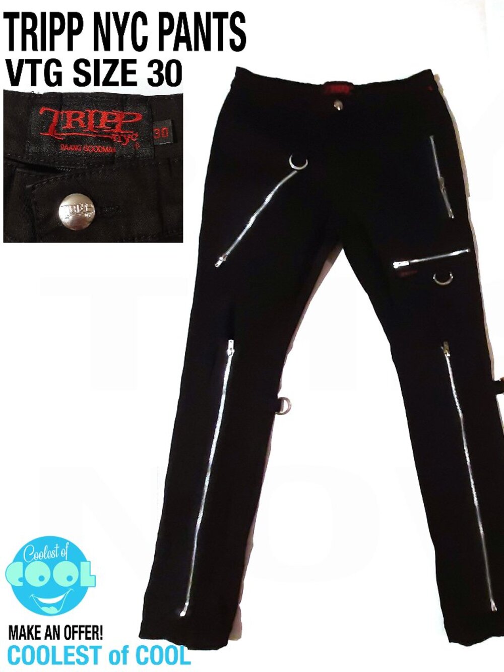 VTG Tripp NYC Black denim jeans size 30 D-ring punk bondage pants Daang Goodman